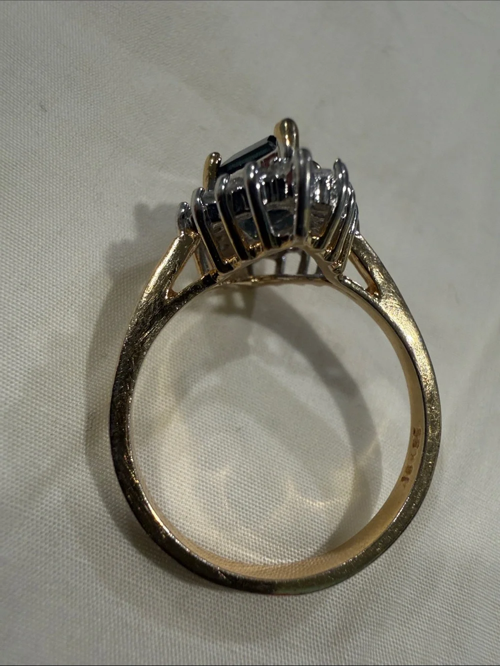 18K Gold Electroplated Ring with Deep Blue Kite-Cut Center and Clear Stones.